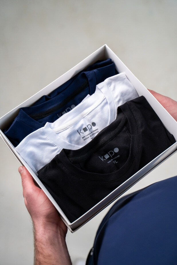 A set of 3 basic Kopo men's t-shirts: Black, White, Blue